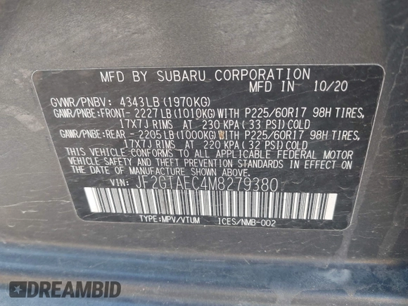 2021 Subaru Crosstrek Premium z VIN JF2GTAEC4M8279380, wystawiony jako IAAI lot #42181035 z przebiegiem 86 982 mil mil oraz . Historia ofert i sprzedaży dostępna na DreamBid. Obrazek 9.