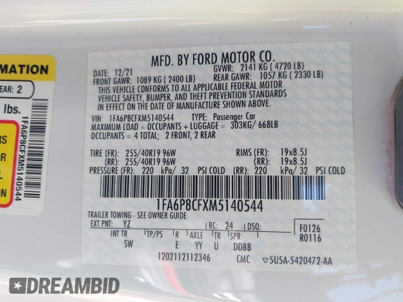 2021 Ford Mustang GT with VIN 1FA6P8CFXM5140544, listed as a IAAI auction lot 41830187 with 15,615 mi miles. Bid and sale history available at carsss.com. Image 9.