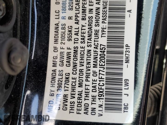 2018 Honda Civic EX-L z VIN 19XFC1F77JE200457, wystawiony jako Copart lot #55989755 z przebiegiem 95 080 mil mil oraz Szkoda całkowita • Salvage title. Historia ofert i sprzedaży dostępna na DreamBid. Obrazek 12.