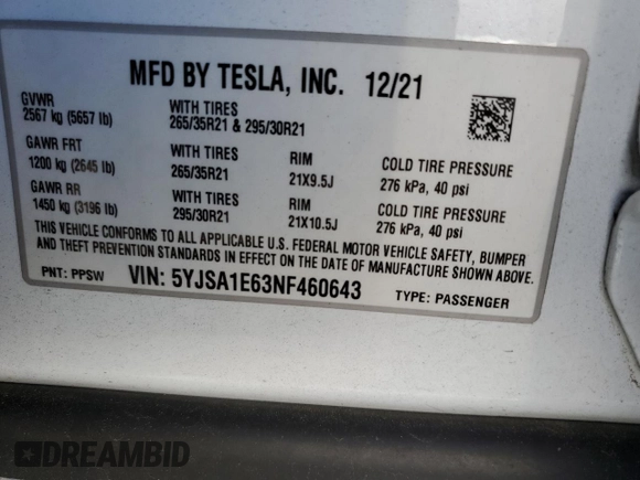 2022 Tesla Model S Plaid with VIN 5YJSA1E63NF460643, listed as a Copart auction lot 54665505 with Not provided miles and Salvage title. Bid and sale history available at DreamBid. Image 12.