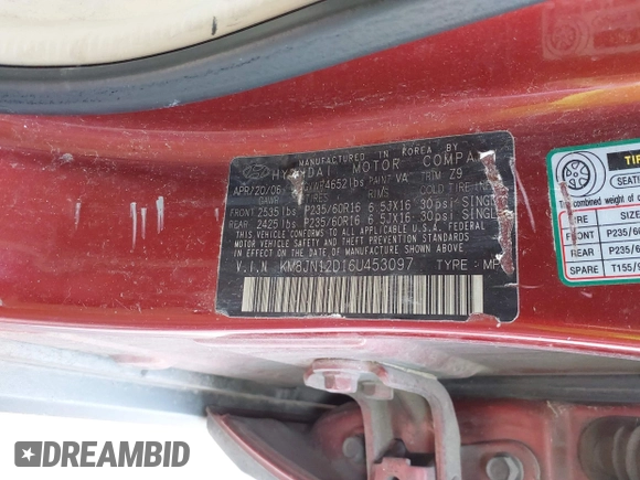 2006 Hyundai Tucson GLS with VIN KM8JN12D16U453097, listed as a IAAI auction lot 41819035 with 237,312 mi miles. Bid and sale history available at carsss.com. Image 9.