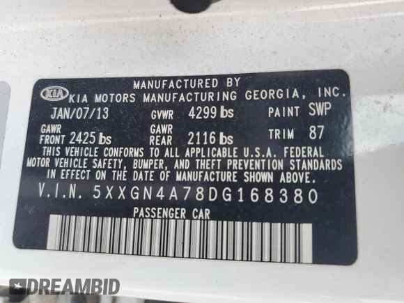 2013 Kia Optima EX z VIN 5XXGN4A78DG168380, wystawiony jako Copart lot #59314155 z przebiegiem Nie podano mil oraz Czysty tytuł • Clean title. Historia ofert i sprzedaży dostępna na DreamBid. Obrazek 12.