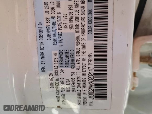 2010 Mazda CX-9 Grand Touring with VIN JM3TB2MAXA0202147, listed as a Copart auction lot 50248415 with 235,254 mi miles and Salvage title. Bid and sale history available at DreamBid. Image 15.