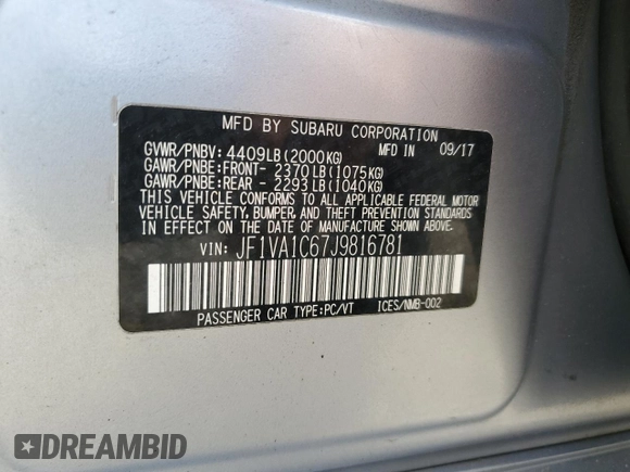 2018 Subaru WRX Premium with VIN JF1VA1C67J9816781, listed as a Copart auction lot 42009345 with 72,007 mi miles and Non Repairable. Bid and sale history available at carsss.com. Image 14.