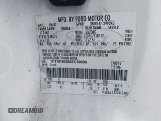 2008 Ford F-250 XL with VIN 1FTNF20588EC59099, listed as a IAAI auction lot 42106612 with 163,155 mi miles and . Bid and sale history available at DreamBid. Image 9.