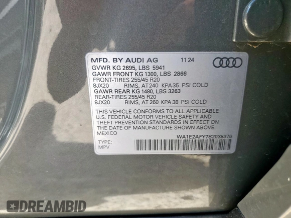 2025 Audi Q5 S line Premium Plus с VIN WA1E2AFY7S2038376, выставлен на аукционе Copart как лот 63291295 с пробегом Не указан миль и Списание • Salvage title. История ставок и продаж доступна на DreamBid. Изображение 13.