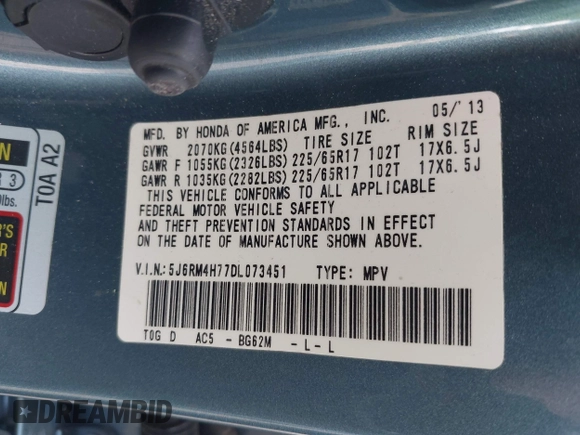 2013 Honda CR-V EX-L with VIN 5J6RM4H77DL073451, listed as a IAAI auction lot 42343597 with 90,999 mi miles and . Bid and sale history available at DreamBid. Image 9.