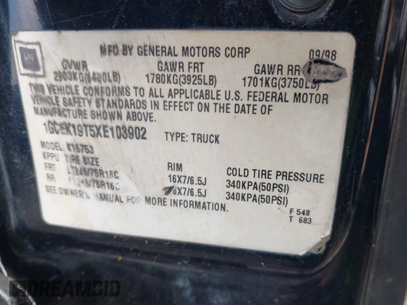1999 Chevrolet Silverado 1500 LT with VIN 1GCEK19T5XE103902, listed as a IAAI auction lot 40495191 with Not Provided miles and . Bid and sale history available at DreamBid. Image 9.