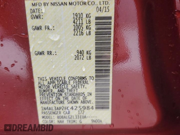 2015 Nissan Altima SV z VIN 1N4AL3AP2FC425984, wystawiony jako Copart lot #55126005 z przebiegiem 112 445 mil mil oraz Szkoda całkowita • Salvage title. Historia ofert i sprzedaży dostępna na DreamBid. Obrazek 13.
