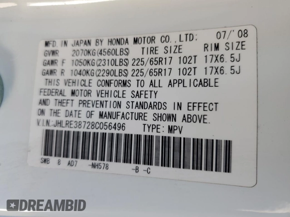2008 Honda CR-V EX-L z VIN JHLRE38728C056496, wystawiony jako Copart lot #41991525 z przebiegiem 64 728 mil mil oraz Szkoda całkowita • Salvage title. Historia ofert i sprzedaży dostępna na DreamBid. Obrazek 15.