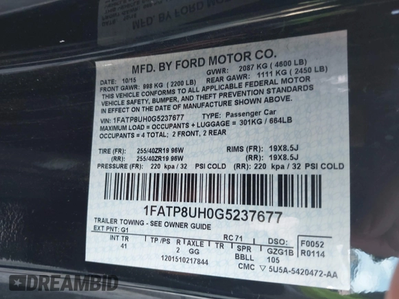 2016 Ford Mustang EcoBoost Premium with VIN 1FATP8UH0G5237677, listed as a IAAI auction lot 42007030 with 91,443 mi miles and . Bid and sale history available at carsss.com. Image 9.