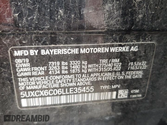 2020 BMW X7 M50i z VIN 5UXCX6C06LLE35455, wystawiony jako Copart lot #54965075 z przebiegiem Nie podano mil oraz Szkoda całkowita • Salvage title. Historia ofert i sprzedaży dostępna na DreamBid. Obrazek 13.