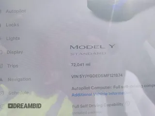 2021 Tesla Model Y Standard Range with VIN 5YJYGDED5MF121874, listed as a IAAI auction lot 41238170 with 72,041 mi miles and . Bid and sale history available at DreamBid. Image 15.