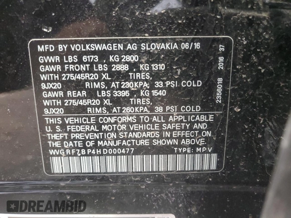 2017 Volkswagen Touareg Wolfsburg Edition с VIN WVGRF7BP4HD000477, выставлен на аукционе Copart как лот 46334275 с пробегом Не указан миль и На запчасти • Non repairable. История ставок и продаж доступна на DreamBid. Изображение 13.