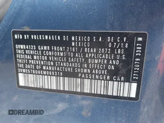 2019 Volkswagen Jetta SEL with VIN 3VWE57BU6KM069319, listed as a IAAI auction lot 41401740 with 133,371 mi miles and . Bid and sale history available at DreamBid. Image 9.