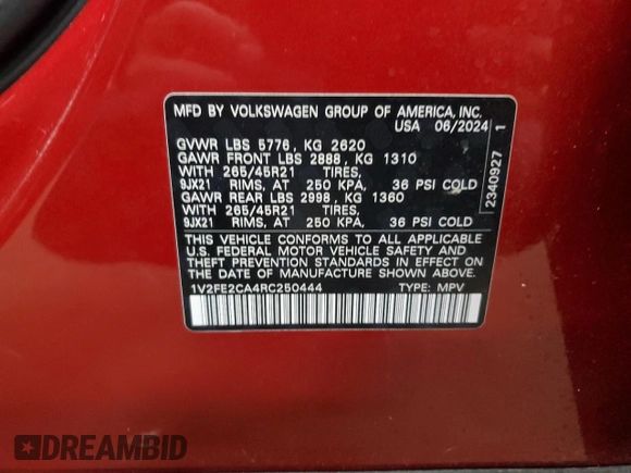 2024 Volkswagen Atlas SEL Premium R-Line z VIN 1V2FE2CA4RC250444, wystawiony jako Copart lot #54139285 z przebiegiem 6 166 mil mil oraz Szkoda całkowita • Salvage title. Historia ofert i sprzedaży dostępna na DreamBid. Obrazek 13.