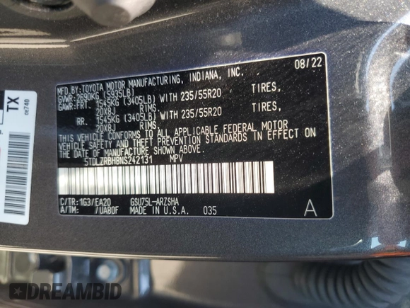 2022 Toyota Highlander XSE with VIN 5TDLZRBH8NS242131, listed as a Copart auction lot 59352015 with 26,232 mi miles and Salvage title. Bid and sale history available at DreamBid. Image 13.