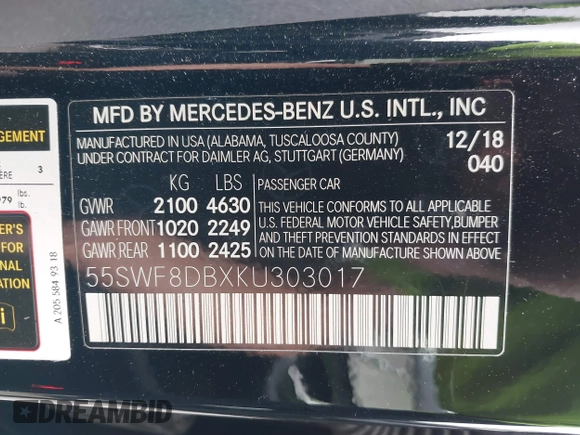 2019 Mercedes-Benz C 300 with VIN 55SWF8DBXKU303017, listed as a IAAI auction lot 41841700 with Not Provided miles and . Bid and sale history available at DreamBid. Image 9.