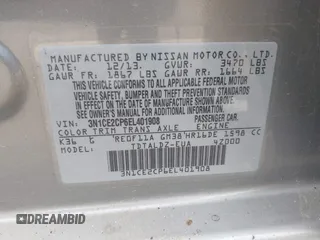 2014 Nissan Note SV with VIN 3N1CE2CP6EL401908, listed as a IAAI auction lot 42142322 with 139,736 mi miles and . Bid and sale history available at DreamBid. Image 9.