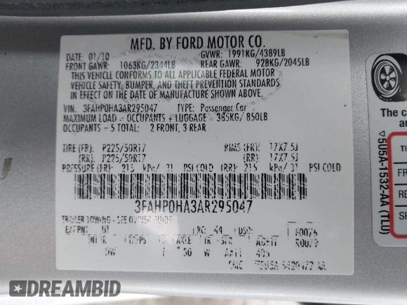 2010 Ford Fusion SE with VIN 3FAHP0HA3AR295047, listed as a IAAI auction lot 41685107 with 131,999 mi miles. Bid and sale history available at carsss.com. Image 9.