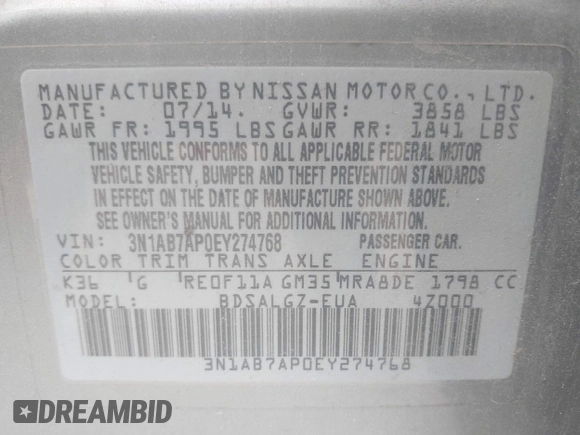 2014 Nissan Sentra SV with VIN 3N1AB7AP0EY274768, listed as a IAAI auction lot 42512925 with 184,584 mi miles and . Bid and sale history available at DreamBid. Image 9.