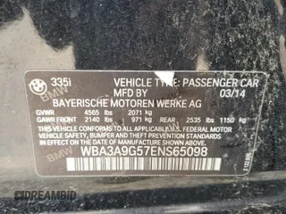 2014 BMW 3 Series 335i with VIN WBA3A9G57ENS65098, listed as a Copart auction lot 53063555 with 0 mi miles and Clean Title. Bid and sale history available at carsss.com. Image 12.