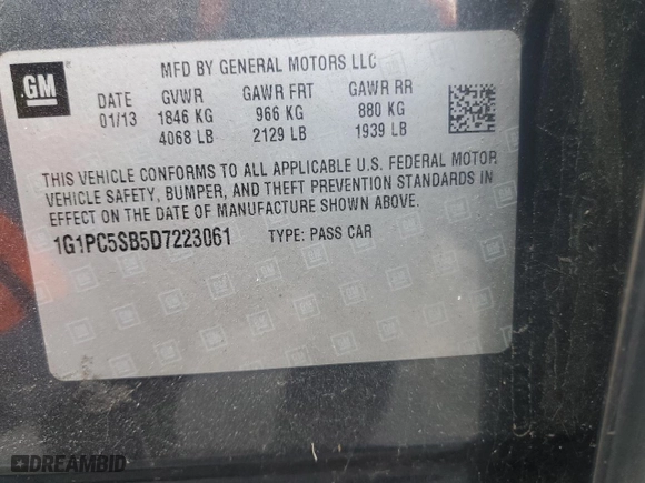 2013 Chevrolet Cruze 1LT with VIN 1G1PC5SB5D7223061, listed as a Copart auction lot 42995555 with 0 mi miles and Clean Title. Bid and sale history available at carsss.com. Image 12.