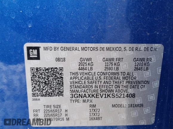 2019 Chevrolet Equinox LT with VIN 3GNAXKEV1KS521408, listed as a Copart auction lot 52969055 with 56,978 mi miles and Salvage Title. Bid and sale history available at DreamBid. Image 13.