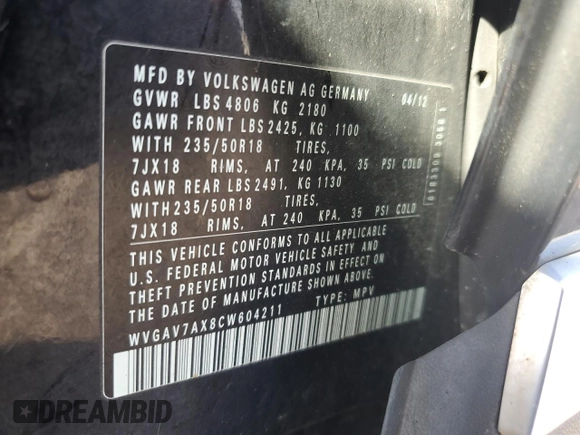 2012 Volkswagen Tiguan SE with VIN WVGAV7AX8CW604211, listed as a Copart auction lot 54794535 with 111,622 mi miles and Clean Title. Bid and sale history available at DreamBid. Image 13.