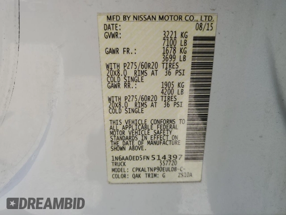 2015 Nissan Titan SE with VIN 1N6AA0ED5FN514397, listed as a Copart auction lot 58356325 with 70,102 mi miles and Salvage title. Bid and sale history available at DreamBid. Image 12.