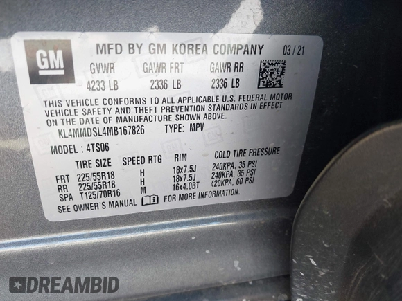 2021 Buick Encore GX Select with VIN KL4MMDSL4MB167826, listed as a IAAI auction lot 42014275 with 34,419 mi miles and . Bid and sale history available at DreamBid. Image 9.
