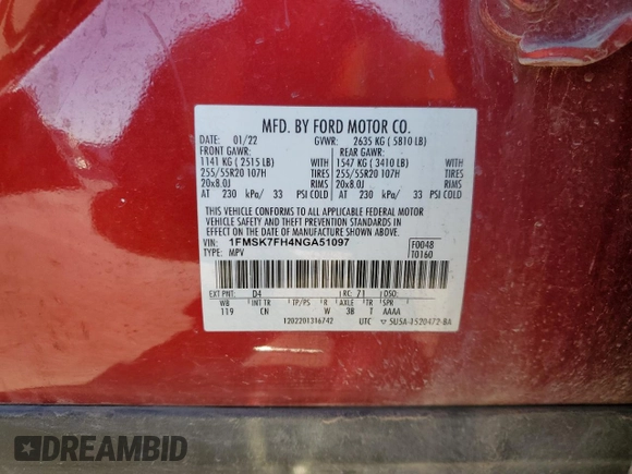 2022 Ford Explorer Limited with VIN 1FMSK7FH4NGA51097, listed as a Copart auction lot 43587295 with 0 mi miles and Clean Title. Bid and sale history available at carsss.com. Image 13.