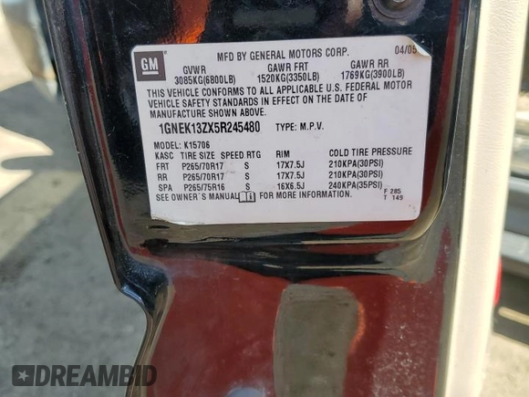 2005 Chevrolet Tahoe Z71 z VIN 1GNEK13ZX5R245480, wystawiony jako Copart lot #56321935 z przebiegiem 177 488 mil mil oraz Szkoda całkowita • Salvage title. Historia ofert i sprzedaży dostępna na DreamBid. Obrazek 13.