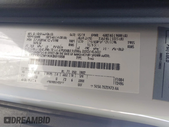 2019 Ford Transit с VIN 1FTYR1ZM1KKB01558, выставлен на аукционе IAAI как лот 41823506 с пробегом 73 250 миль миль и . История ставок и продаж доступна на DreamBid. Изображение 9.