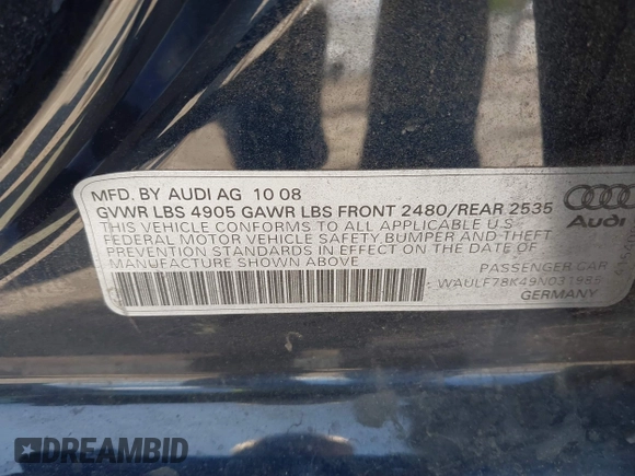 2009 Audi A4 2.0T Prem with VIN WAULF78K49N031985, listed as a IAAI auction lot 42096282 with 104,829 mi miles. Bid and sale history available at carsss.com. Image 9.