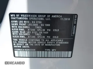 2019 Volkswagen Atlas SEL R-Line with VIN 1V2RR2CA1KC522035, listed as a IAAI auction lot 41939096 with 43,062 mi miles and . Bid and sale history available at DreamBid. Image 9.