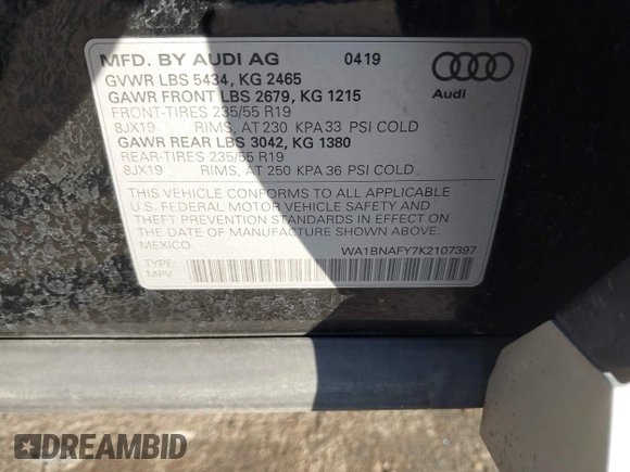 2019 Audi Q5 Premium Plus with VIN WA1BNAFY7K2107397, listed as a IAAI auction lot 41453991 with 60,883 mi miles. Bid and sale history available at carsss.com. Image 9.