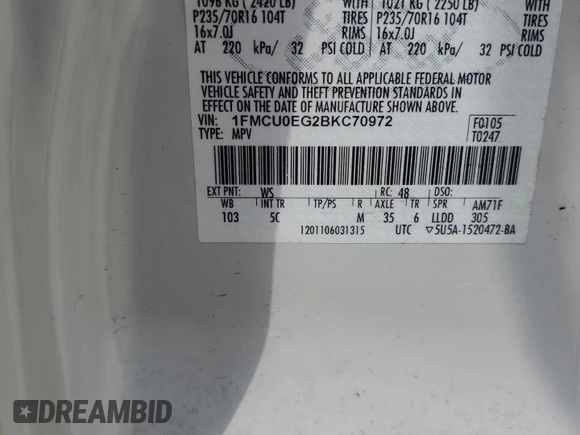 2011 Ford Escape Limited z VIN 1FMCU0EG2BKC70972, wystawiony jako Copart lot #58981605 z przebiegiem 120 117 mil mil oraz Szkoda całkowita • Salvage title. Historia ofert i sprzedaży dostępna na DreamBid. Obrazek 12.