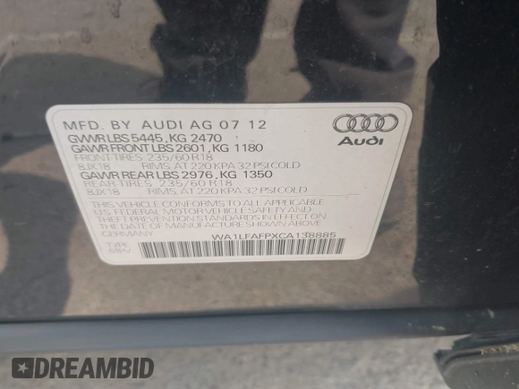 2012 Audi Q5 Premium Plus with VIN WA1LFAFPXCA138885, listed as a IAAI auction lot 42477866 with 180,259 mi miles and . Bid and sale history available at DreamBid. Image 9.