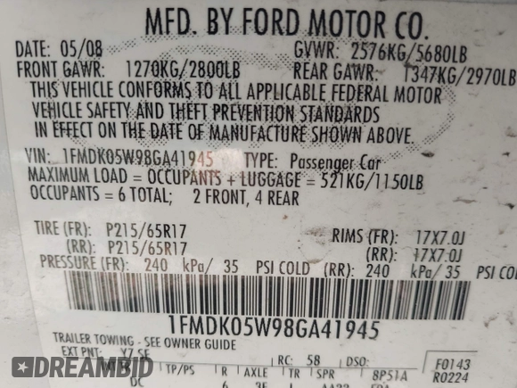 2008 Ford Taurus X SEL with VIN 1FMDK05W98GA41945, listed as a IAAI auction lot 42067959 with 157,896 mi miles and . Bid and sale history available at DreamBid. Image 9.
