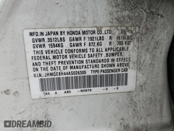 2010 Honda Fit Sport with VIN JHMGE8H44AS026305, listed as a Copart auction lot 52106015 with 0 mi miles and Salvage Title. Bid and sale history available at carsss.com. Image 15.
