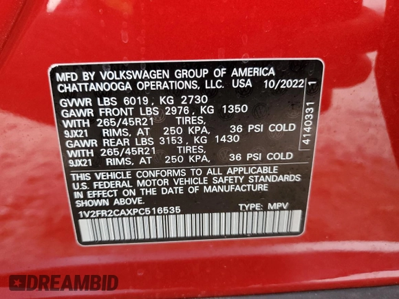 2023 Volkswagen Atlas SEL Premium R-Line с VIN 1V2FR2CAXPC516535, выставлен на аукционе Copart как лот 54728735 с пробегом 36 359 миль миль и Чистый • Clean title. История ставок и продаж доступна на DreamBid. Изображение 14.
