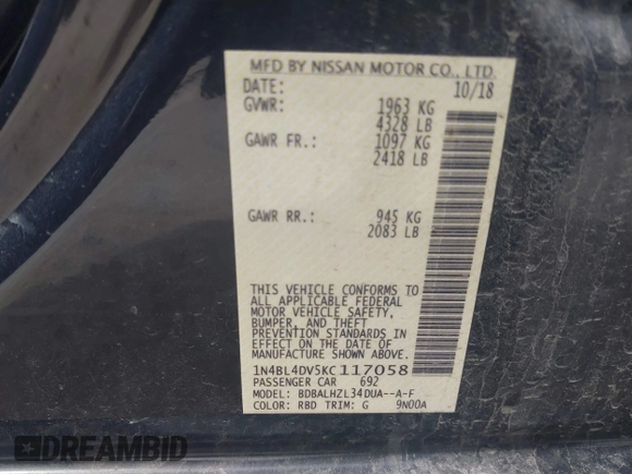 2019 Nissan Altima SV z VIN 1N4BL4DV5KC117058, wystawiony jako IAAI lot #42053795 z przebiegiem 87 737 mil mil oraz . Historia ofert i sprzedaży dostępna na DreamBid. Obrazek 9.