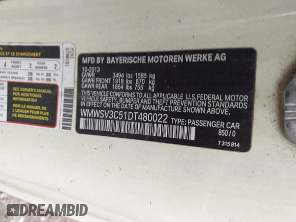 2013 MINI Hardtop S with VIN WMWSV3C51DT480022, listed as a IAAI auction lot 42398793 with Not provided miles and . Bid and sale history available at DreamBid. Image 9.