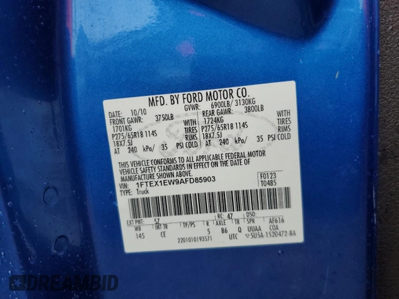 2010 Ford F-150 XL z VIN 1FTEX1EW9AFD85903, wystawiony jako Copart lot #57045945 z przebiegiem 97 056 mil mil oraz Szkoda całkowita • Salvage title. Historia ofert i sprzedaży dostępna na DreamBid. Obrazek 12.
