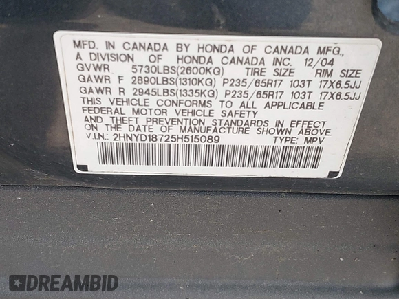 2005 Acura MDX Touring z VIN 2HNYD18725H515089, wystawiony jako IAAI lot #42317075 z przebiegiem 159 762 mil mil oraz . Historia ofert i sprzedaży dostępna na DreamBid. Obrazek 9.