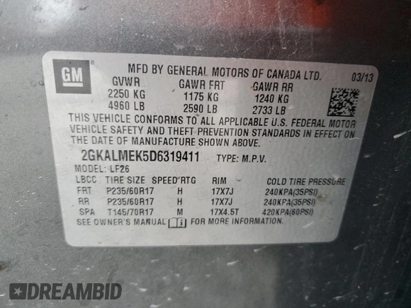 2013 GMC Terrain SLE with VIN 2GKALMEK5D6319411, listed as a Copart auction lot 54492025 with 169,462 mi miles and Non repairable. Bid and sale history available at DreamBid. Image 13.