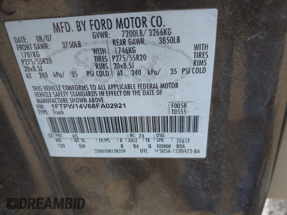 2008 Ford F-150 XLT with VIN 1FTPW14V68FA02921, listed as a IAAI auction lot 42146137 with 248,602 mi miles. Bid and sale history available at carsss.com. Image 9.
