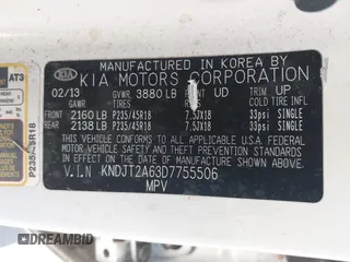 2013 Kia Soul + with VIN KNDJT2A63D7755506, listed as a IAAI auction lot 41852233 with 44,633 mi miles and . Bid and sale history available at DreamBid. Image 9.
