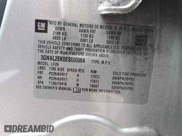 2014 Chevrolet Captiva Sport LS with VIN 3GNAL2EK8ES600984, listed as a Copart auction lot 73083294 with 114,232 mi miles and Non Repairable. Bid and sale history available at DreamBid. Image 13.